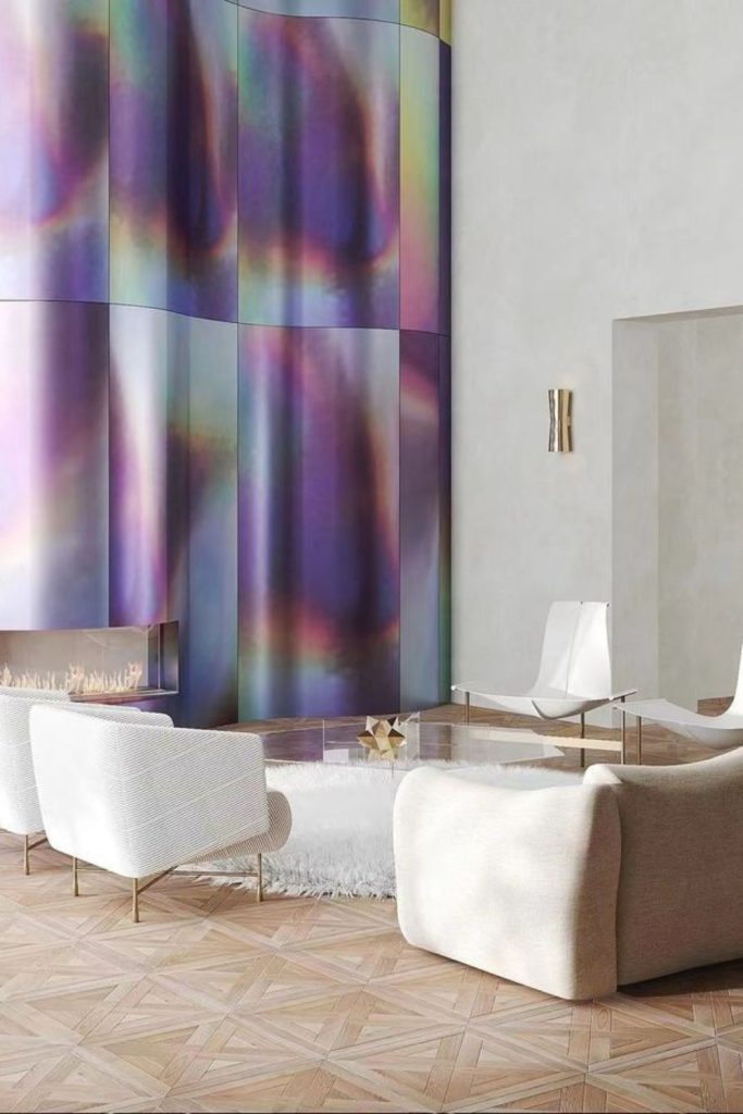 Shifting colorful reflective wall finish.