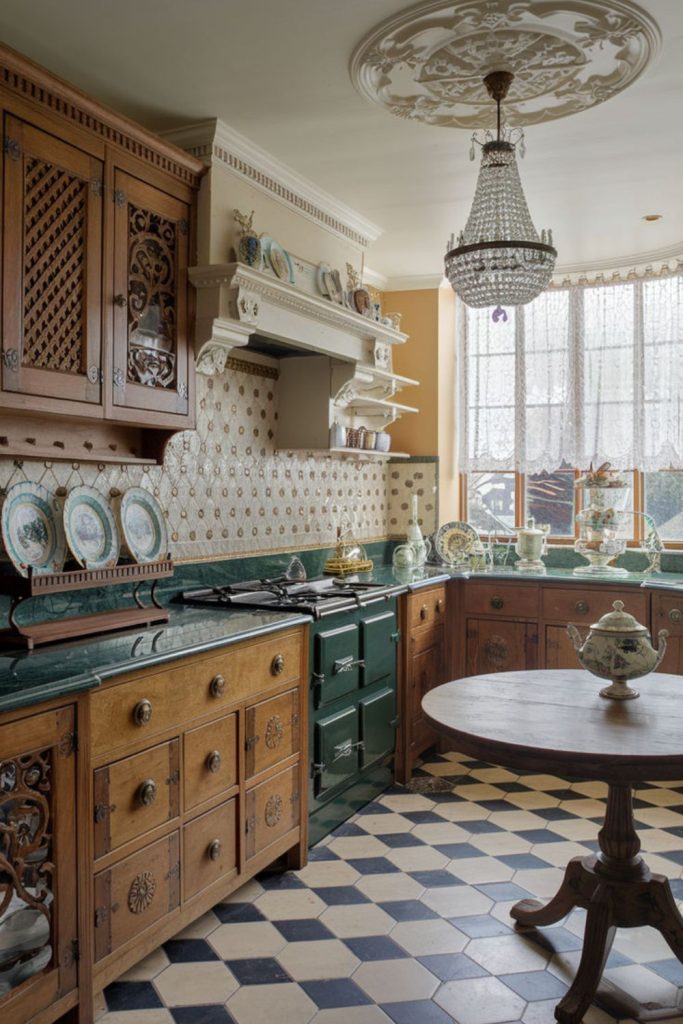 Golden oak sunlit vintage kitchen