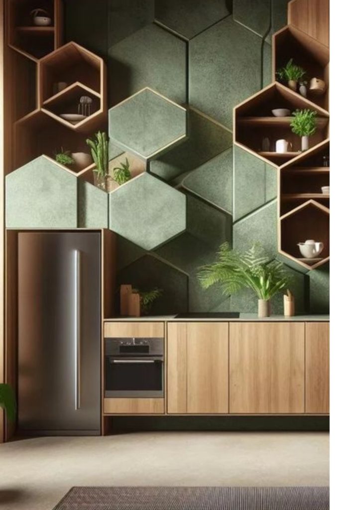 Hexagon-shaped cabinets and warm accents