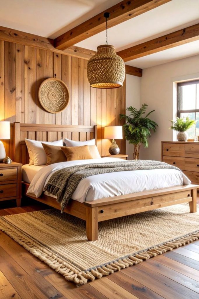 Rustic wood bedroom with candle glow
