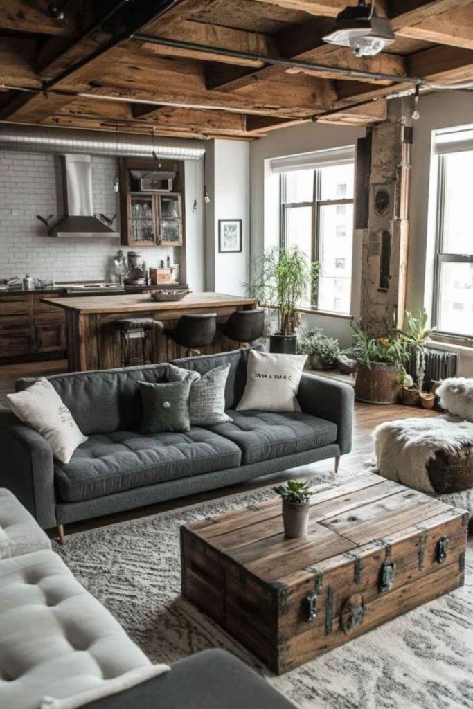 Urban industrial lounge with reclaimed materials.