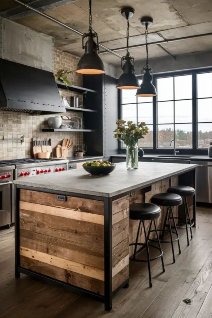 Steel and timber island with grit.