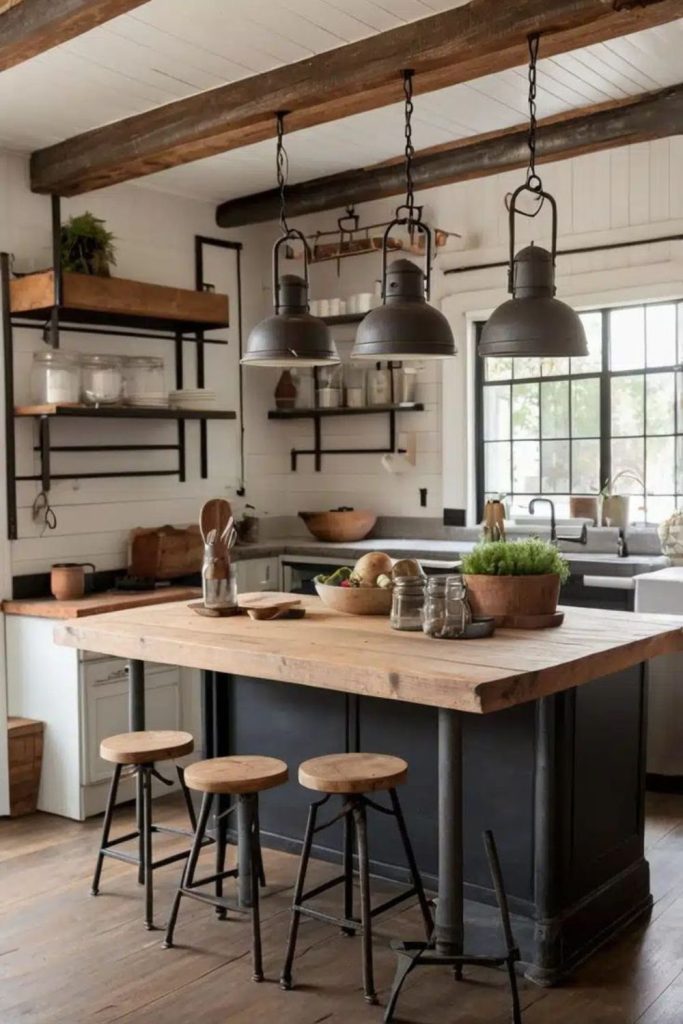 Timber and steel island with rustic decor.
