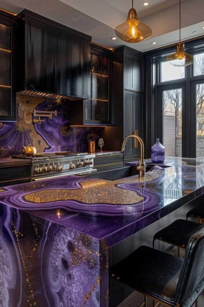 Shimmering resin counters with vibrant reflective patterns.