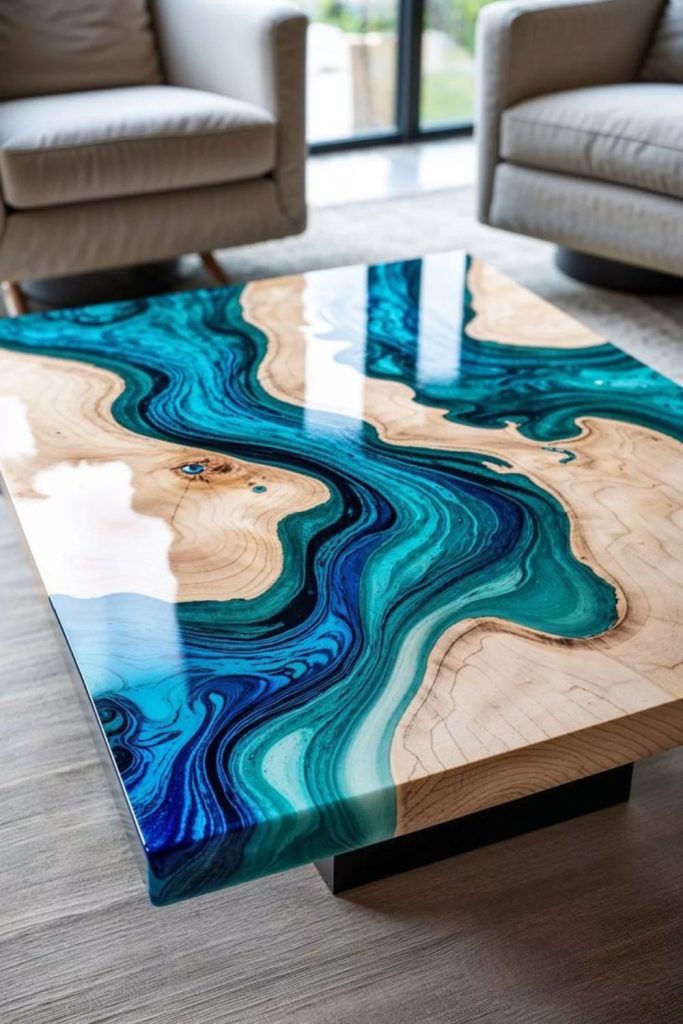 Color-shifting polished artistic resin table.