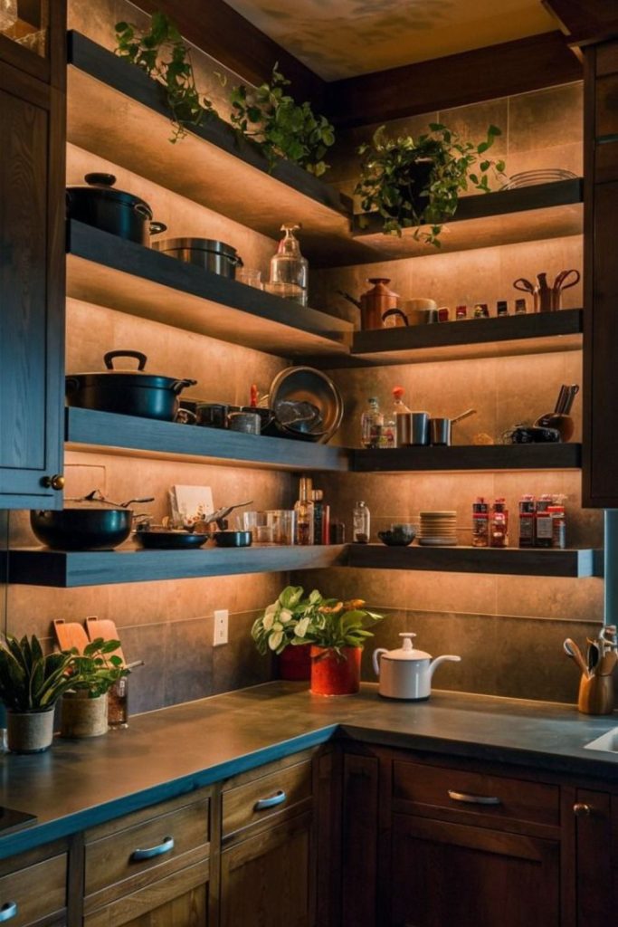 Jagged floating shelves adding unique functional art.