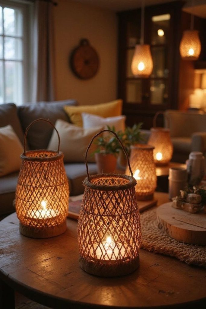 Floor lanterns with flickering warm light