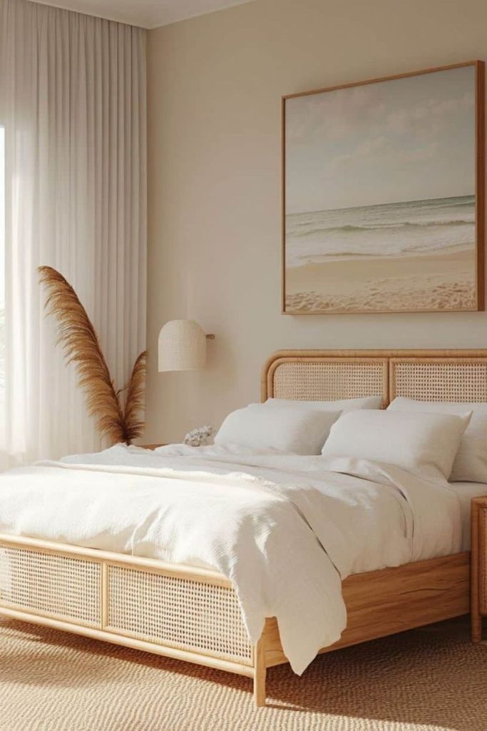 Ivory rattan bed soft airy vintage room.