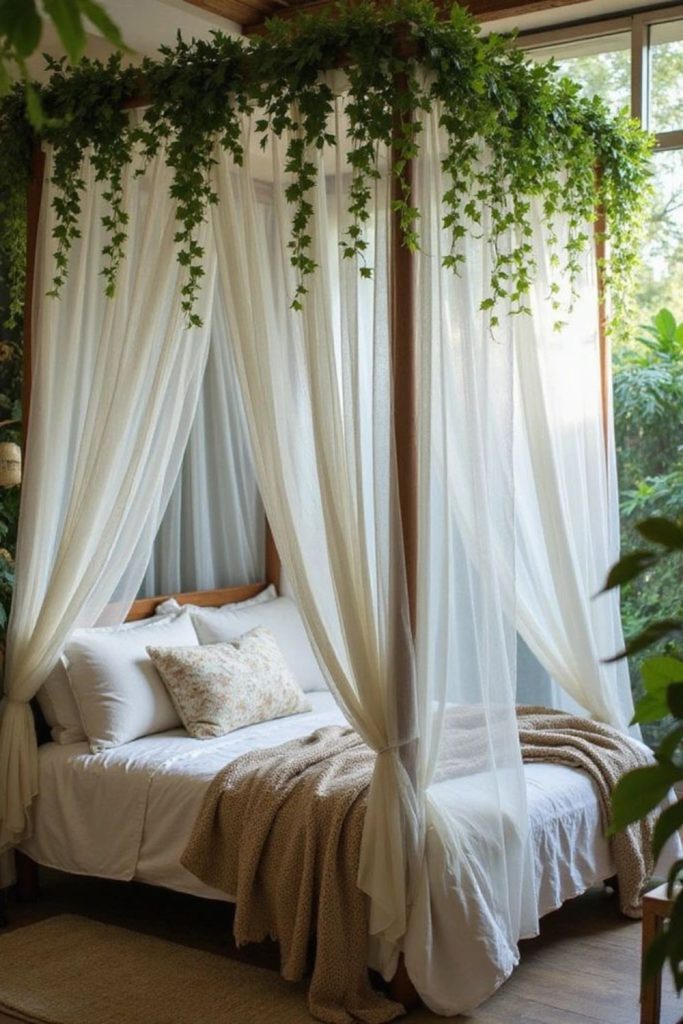 Ivy canopy bed in rustic loft