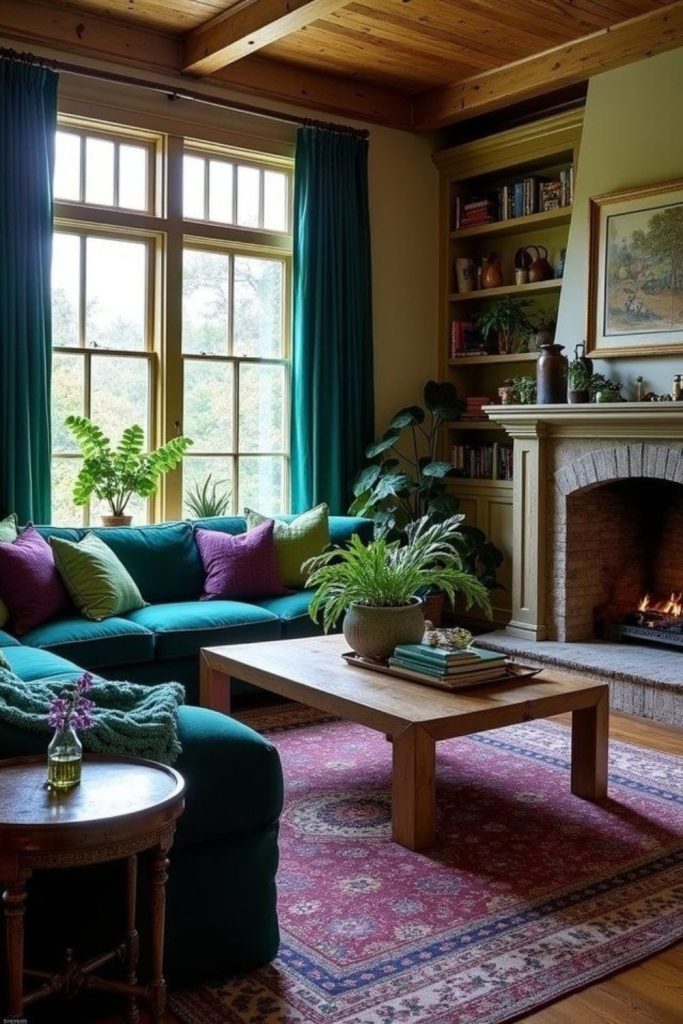 Rich jewel-toned vibrant living space.