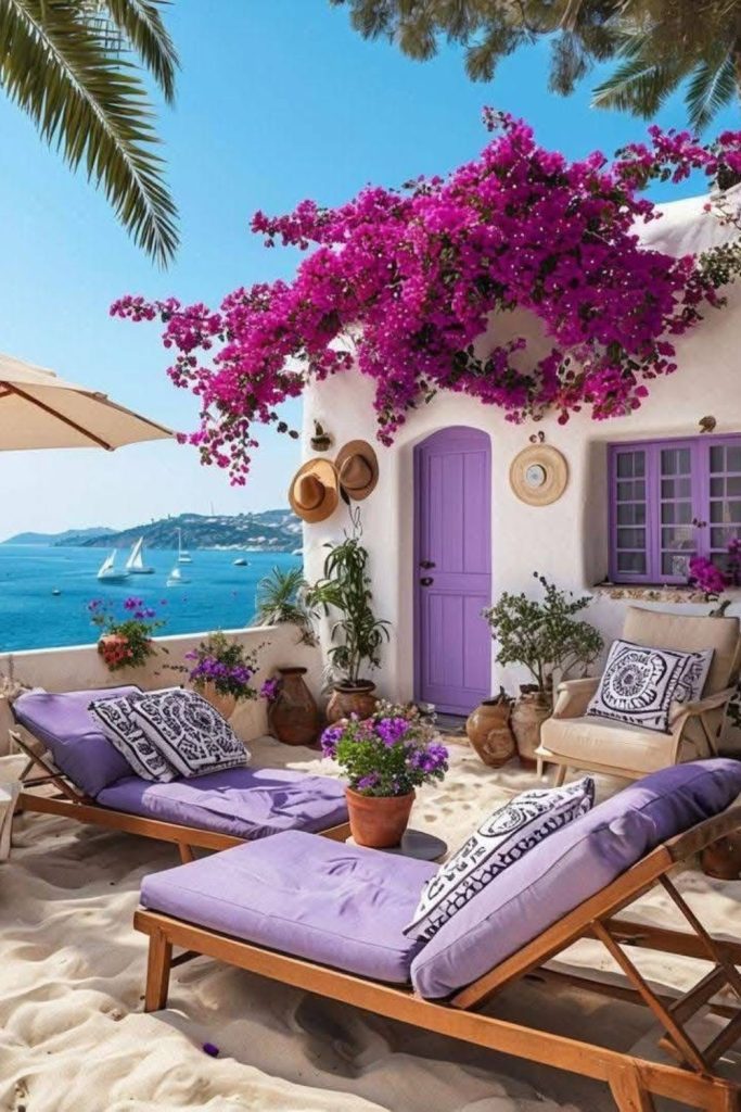 Lavender-filled courtyard with turquoise terrace