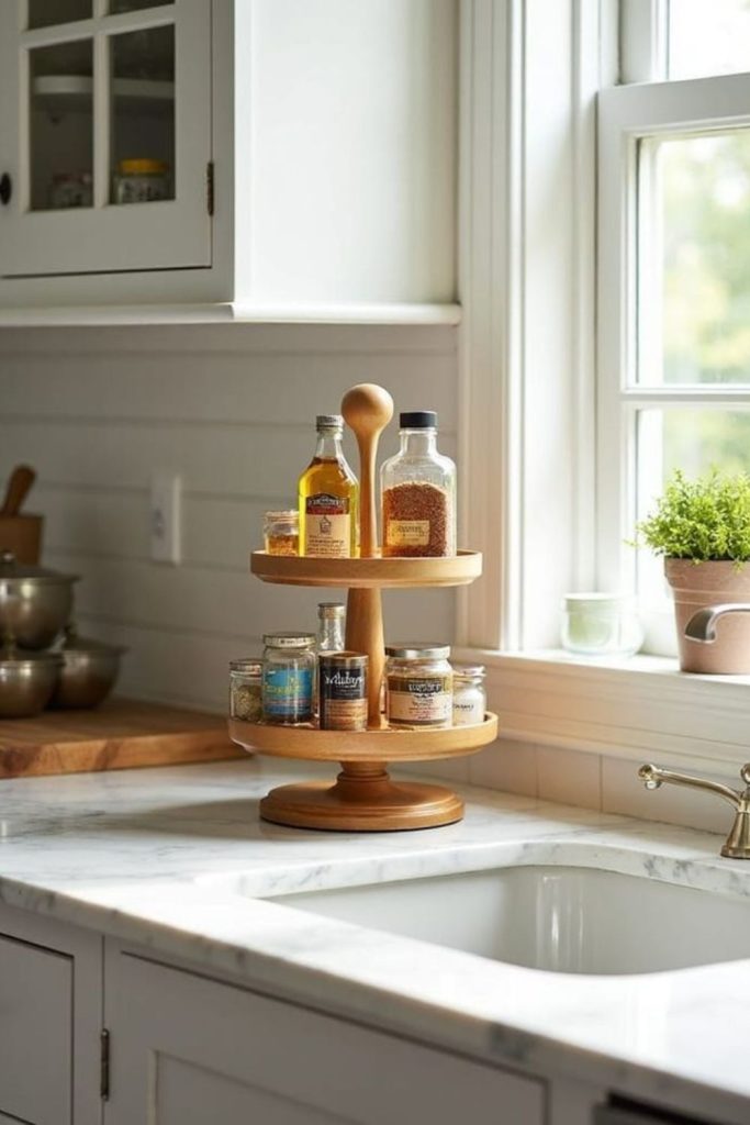 Rotating platform grants easy condiment access.