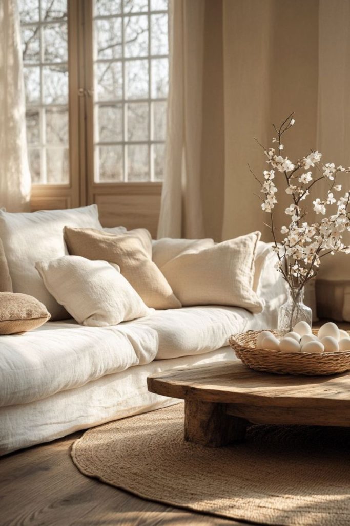 Airy linen nook with cushions