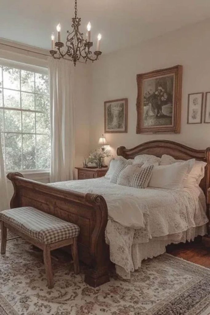 Light linen pastoral airy vintage bedroom.