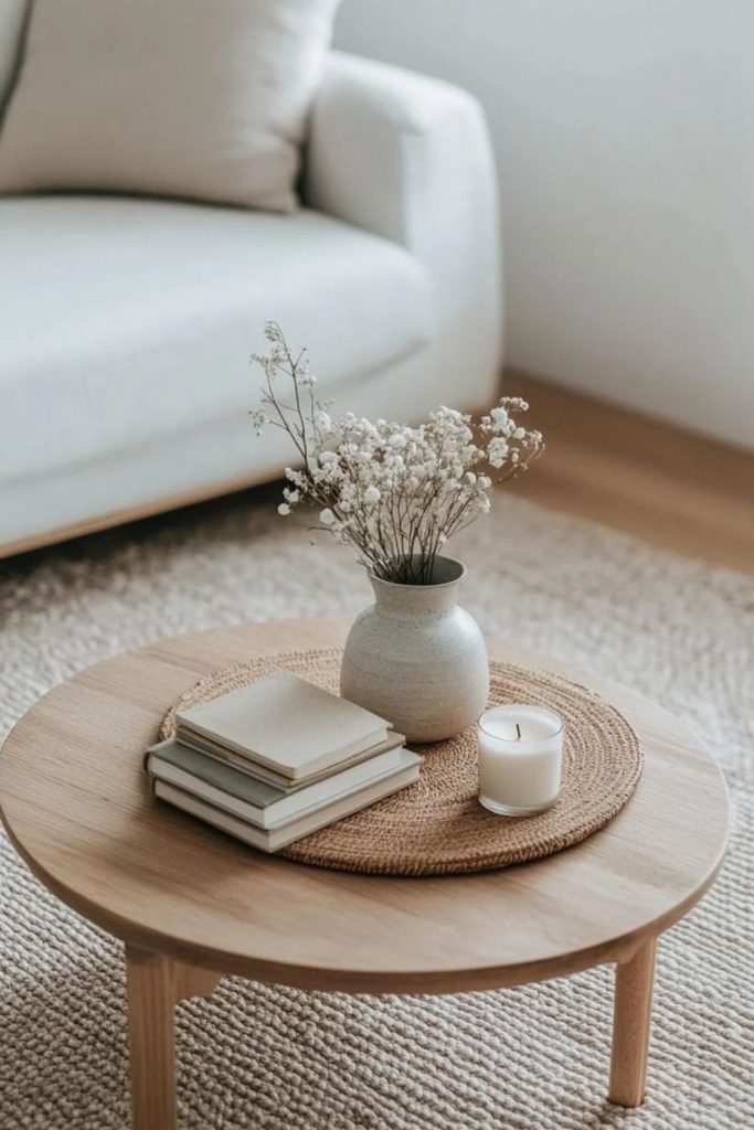 Neutral linen round coffee table style