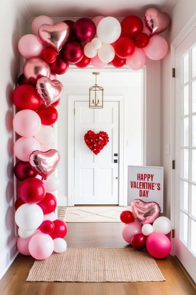 Balloon arch with whimsical heart-shaped balloons.