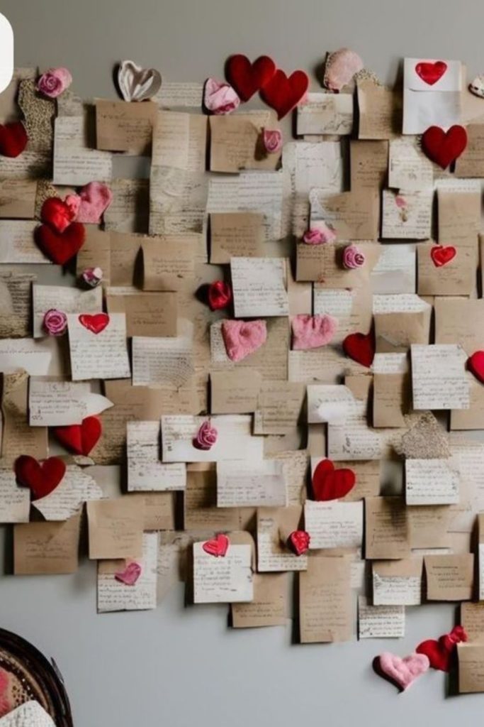 Handwritten love notes covering entire wall.