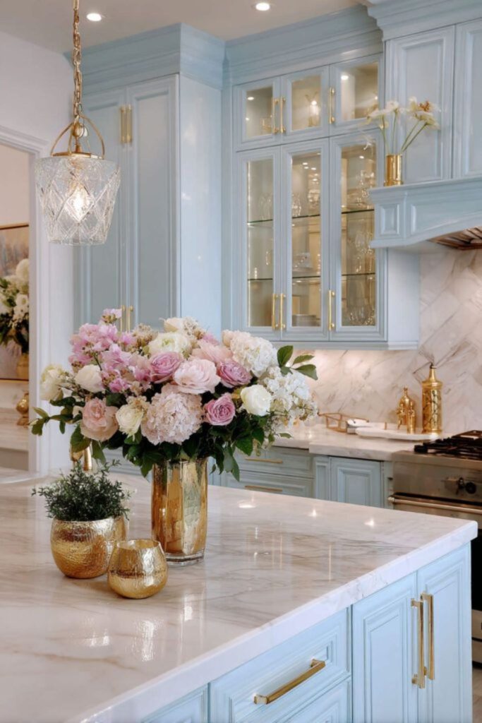 Pearlescent cabinets shimmer with ethereal moonlight reflections.