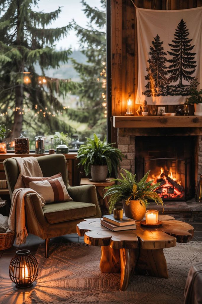 Cozy cabin living room with warmth.