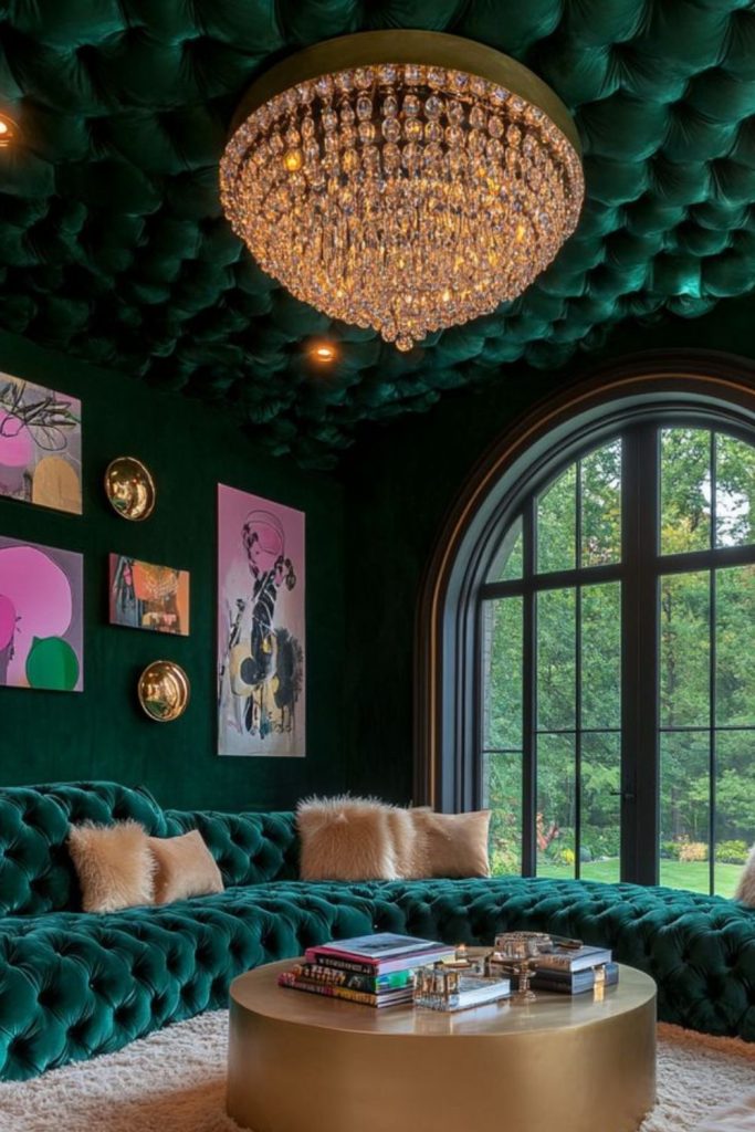 Green velvet opulent gold accented room.