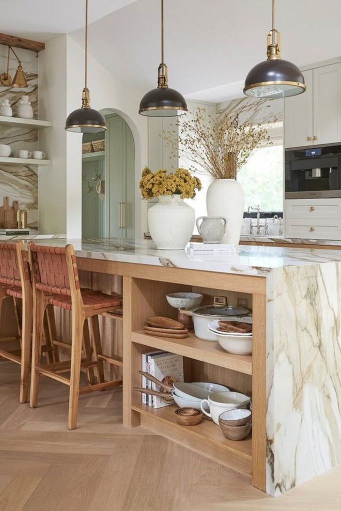 Marble island with brass and glassware.