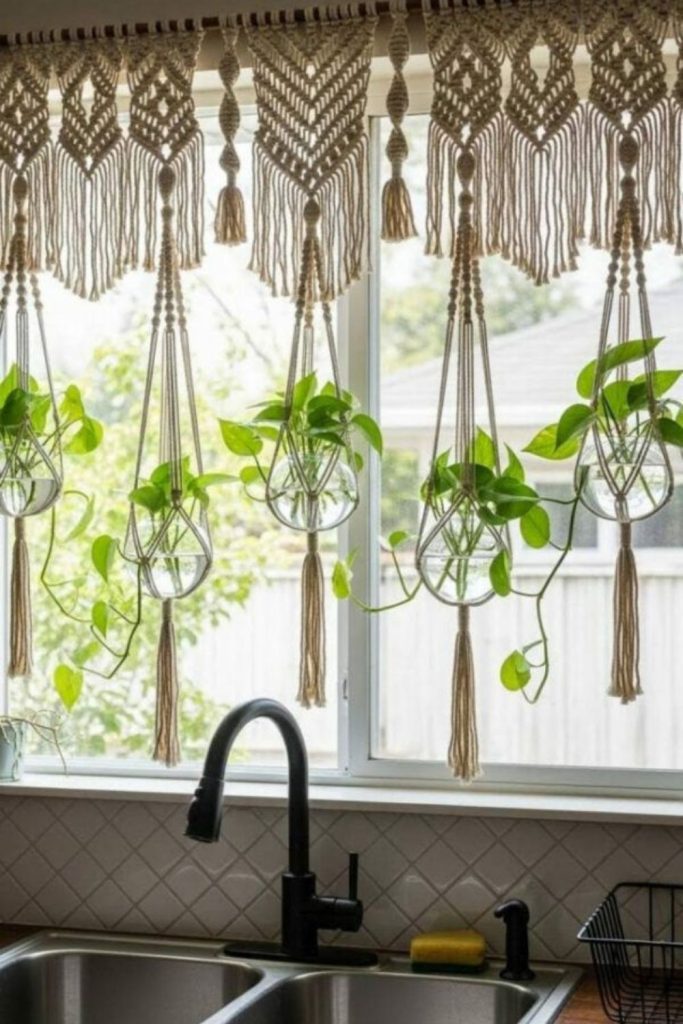 Knotted macrame fringe hanging over window