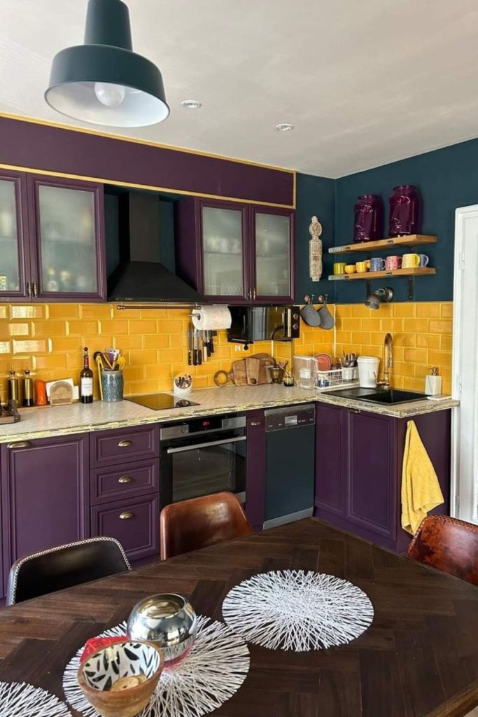 Deep magenta yellow chic kitchen