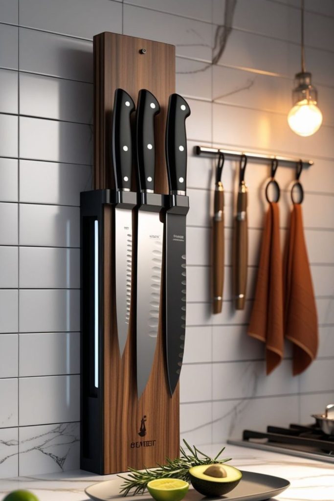 Strong magnets hold knives in place.