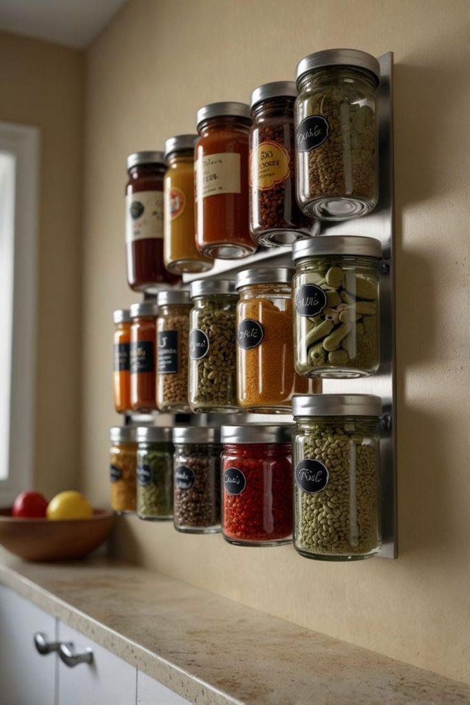 Floating magnetic spice jars above counter.