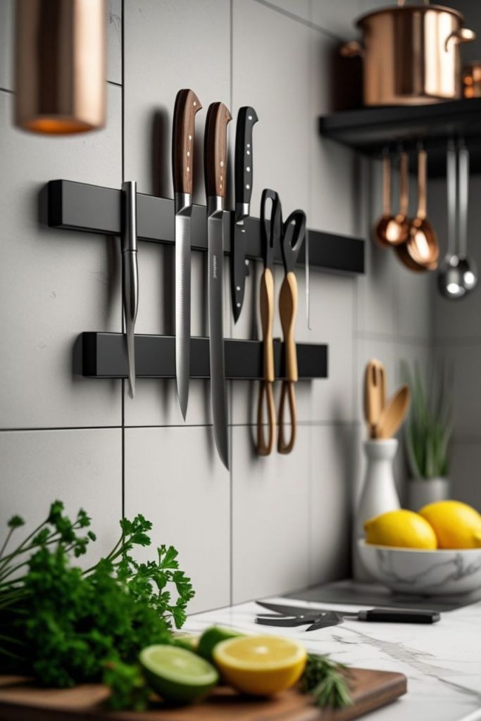 Magnetic strips suspend metallic kitchen tools.