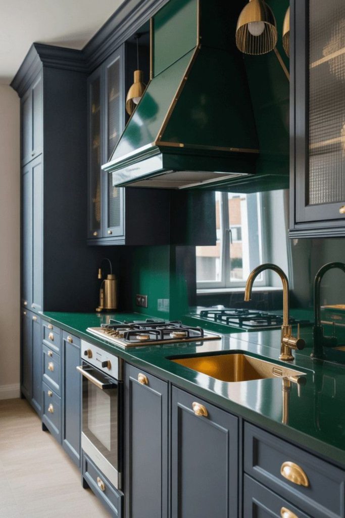Malachite green statement luxury kitchen design.