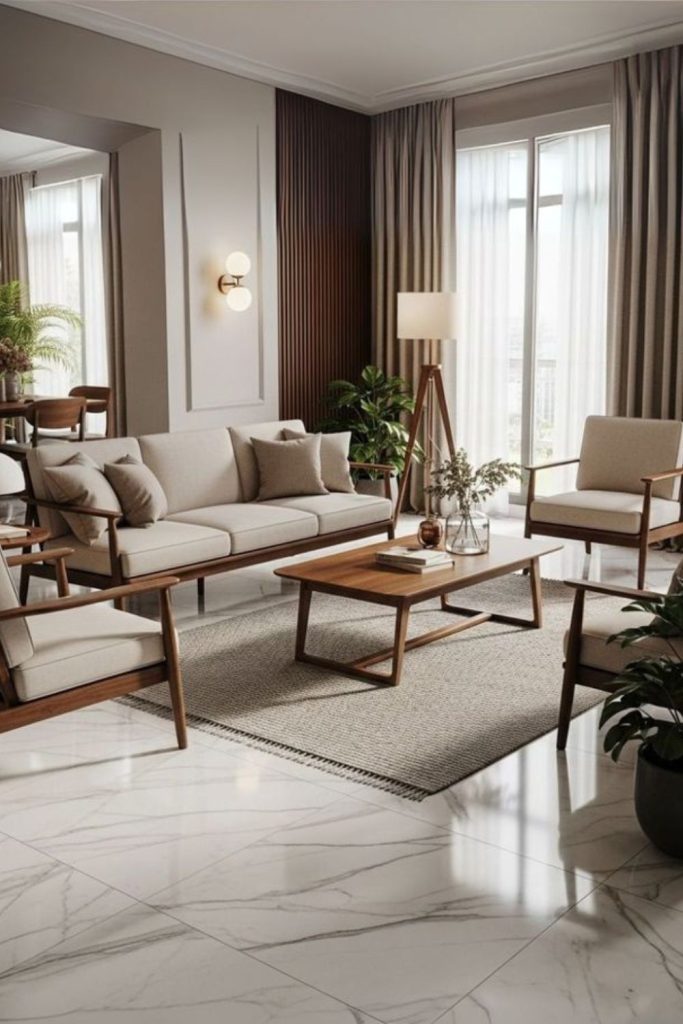 Elegant marble floors with subtle décor.