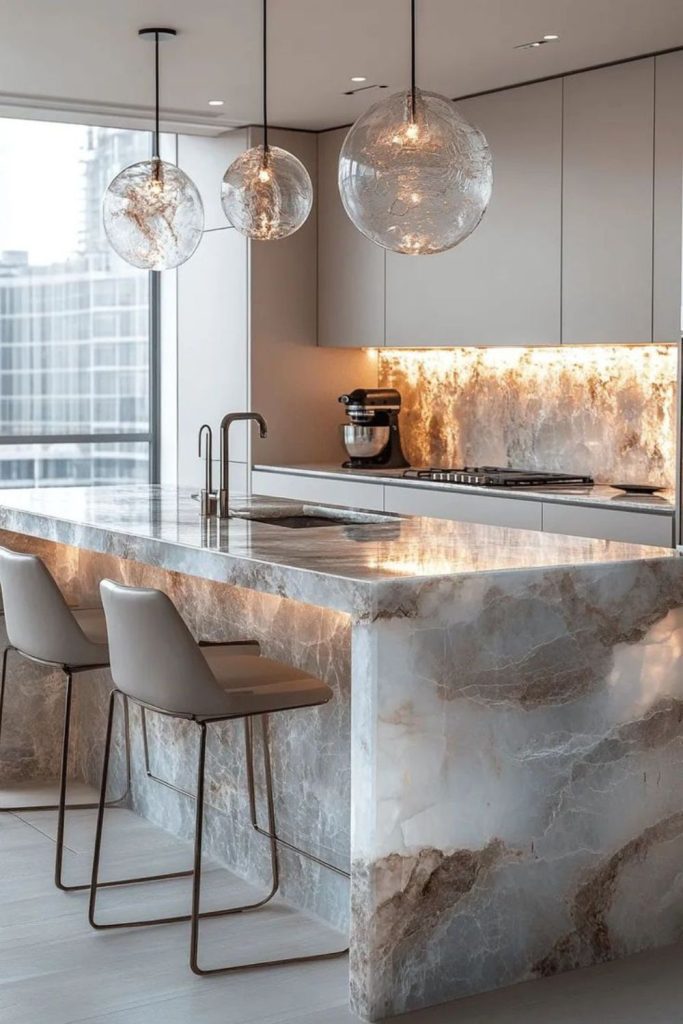 Swirling marbled countertops with glowing accents