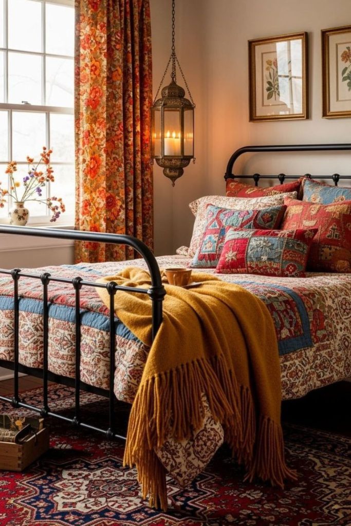 Marigold country bedroom with iron bed.