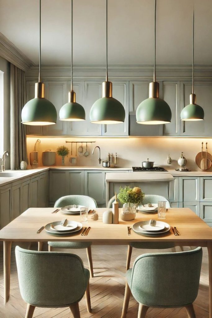 Matcha green zen inspired kitchen interior.