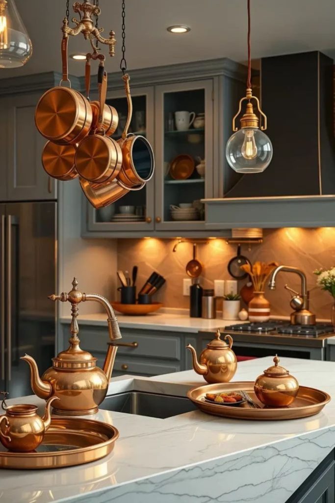 Copper and brass decor shining brightly.