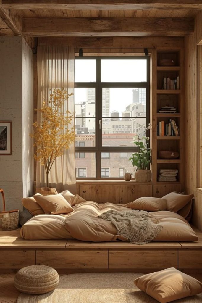 Wood walls, low mattress, cozy corner