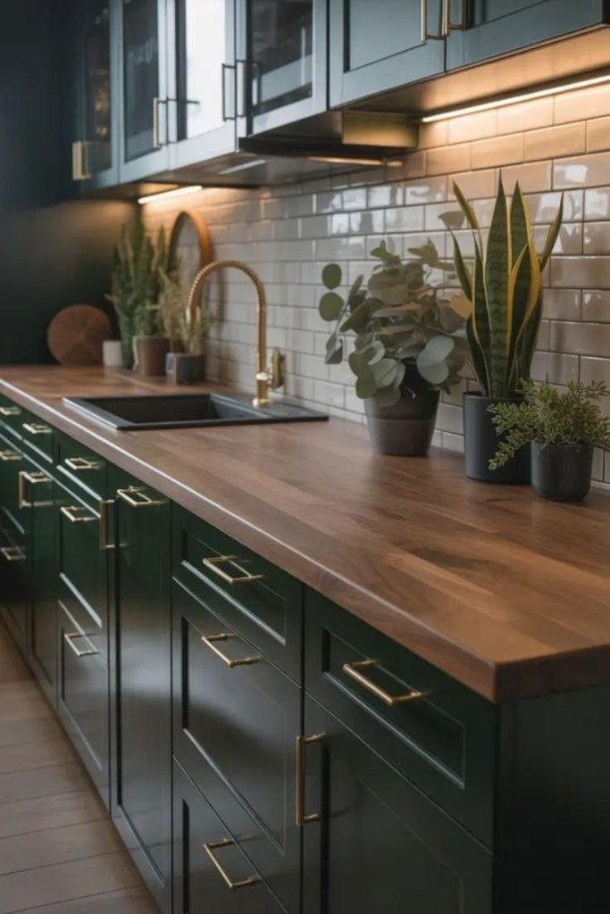 Midnight green elegant moody kitchen interior.