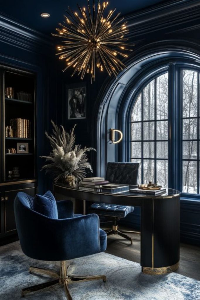 Deep blue velvet glamorous lounge area.
