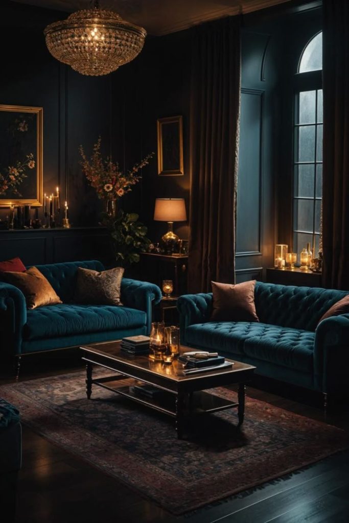 Deep indigo velvet luxurious lounge interior.