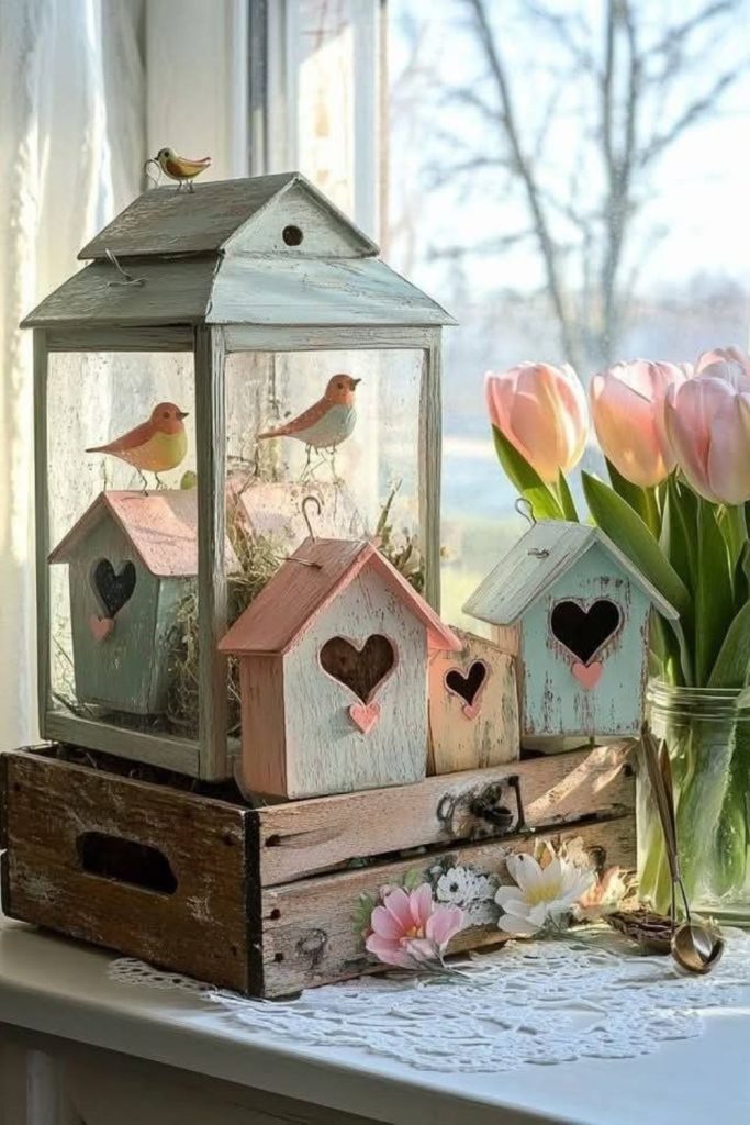 Tiny decorative birdhouses perched on sill