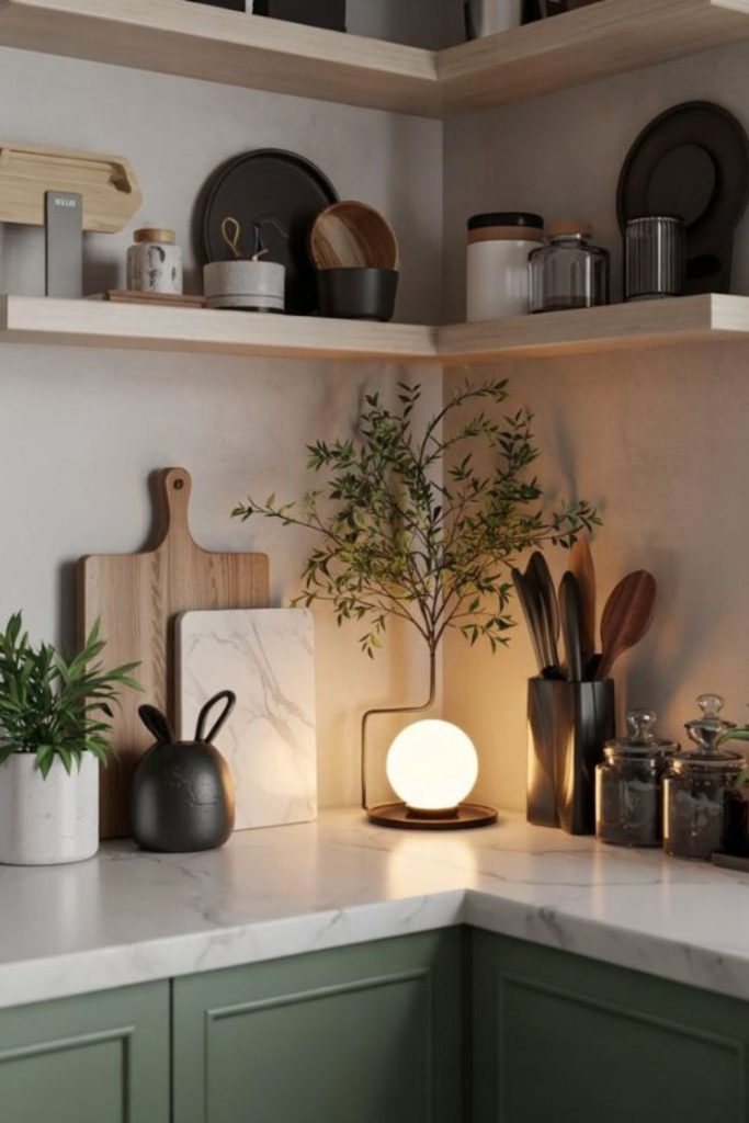 Concrete counter with minimal decorative items.