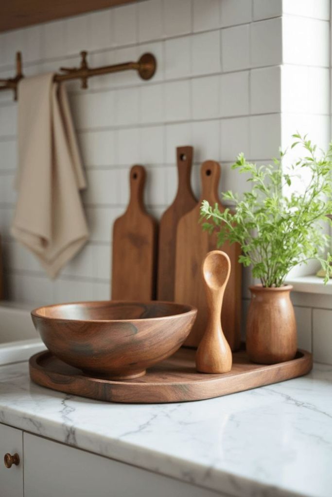 Wooden blocks form geometric countertop prisms.