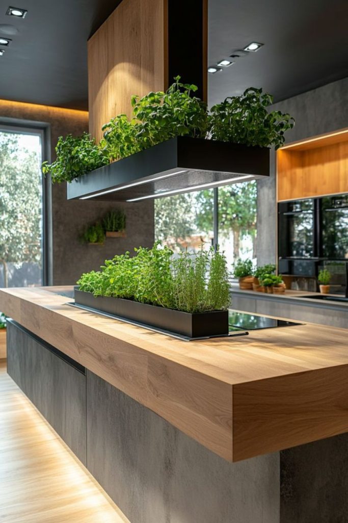 Suspended island creating airy modern kitchen space.