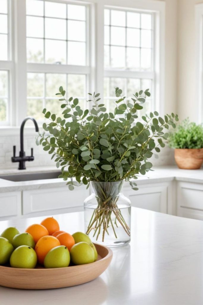 Marble countertop with single pear bowl.