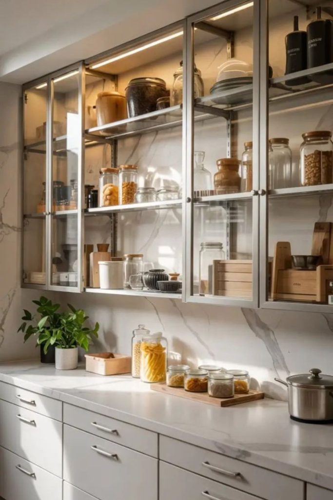 Reflective mirrored pantry walls expanding visual depth.