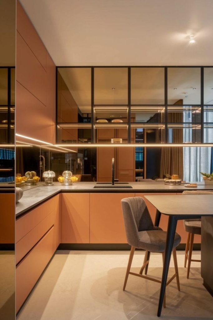 Mirror backsplash open kitchen