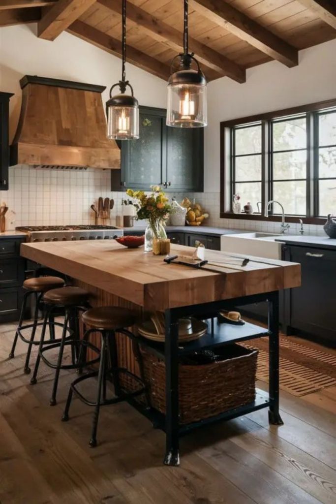 Black geometric island with angular shelves.