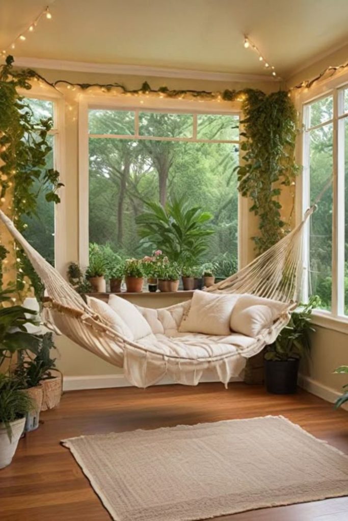 Suspended relaxing hammock seating nook.