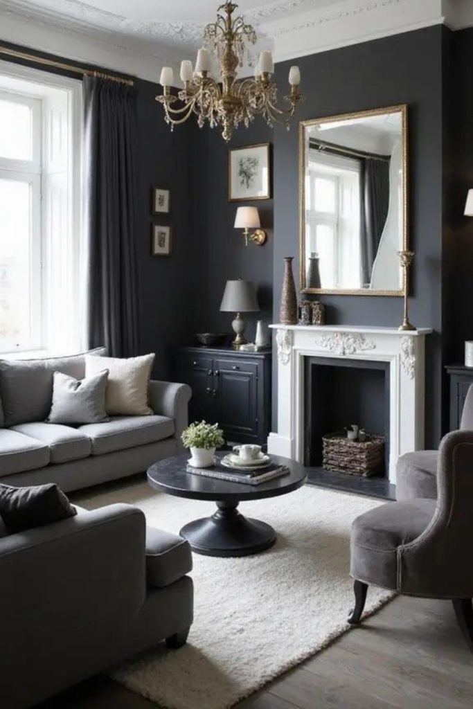 Black and white dramatic living room.
